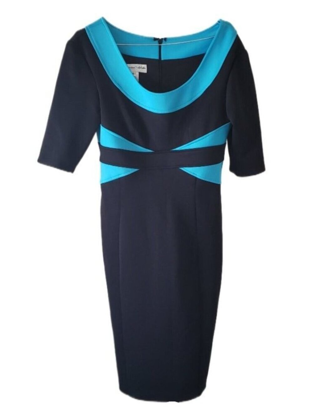 Catherine Trifiletti Design Black & Teal 3/4" Sleeve Pencil Midi Dress